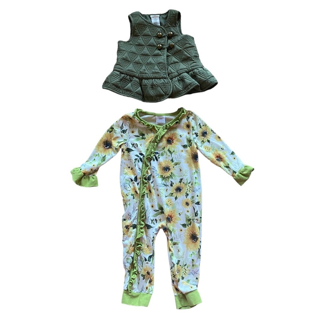 Sunflower Romper and Sage Green Quilted Vest - 18 months - EUC